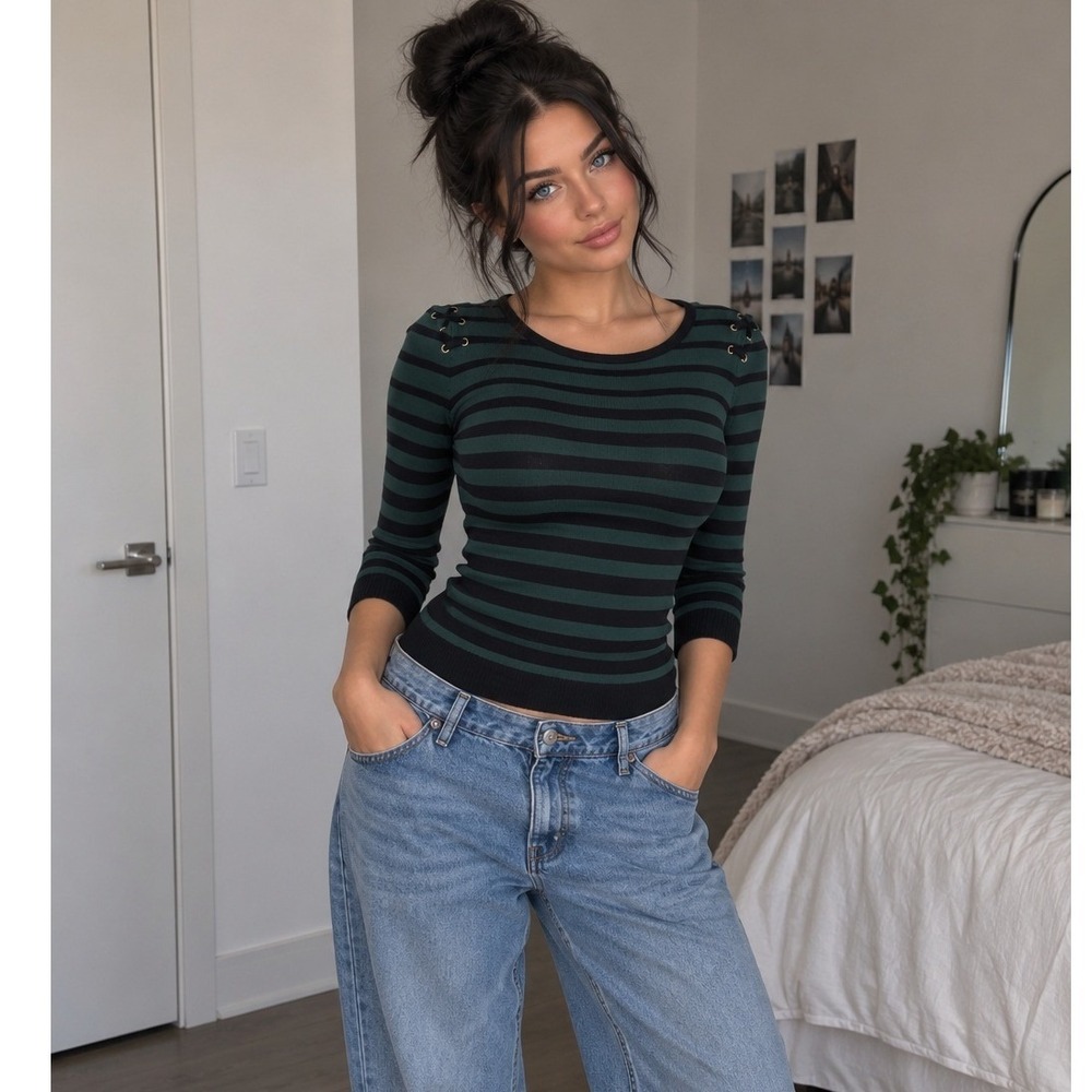 By & By Green Black Striped Lace Up Shoulder Knit Top Size Large